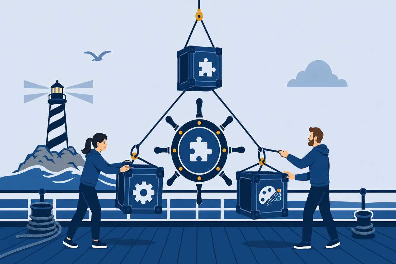 Crew on a ship deck organizing modular plugin crates and theme swatches at a central hub