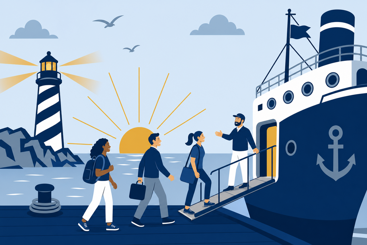 Team boarding a ship at harbor ready to connect HarborClient clients to the hub