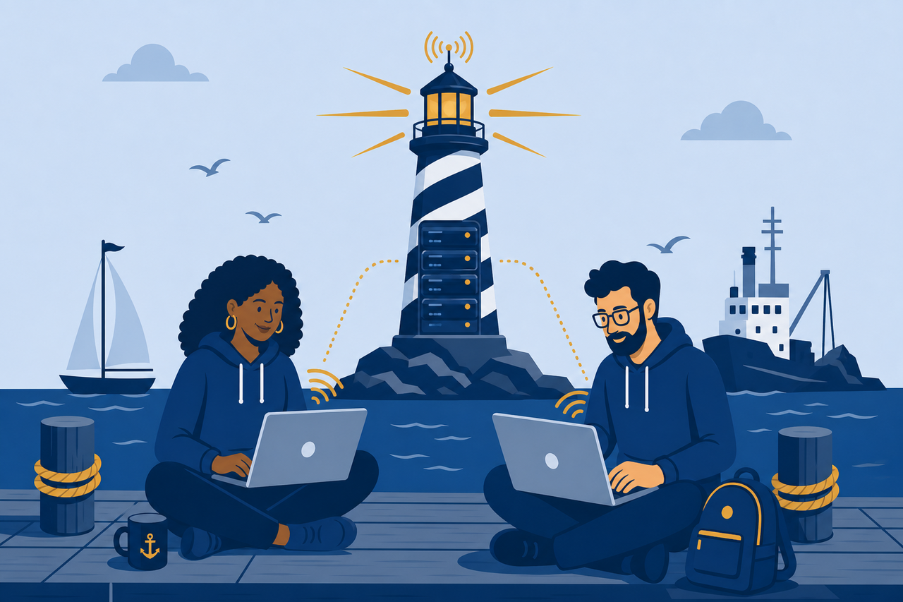 Developers at a harbor pier connecting laptops to a central lighthouse hub server