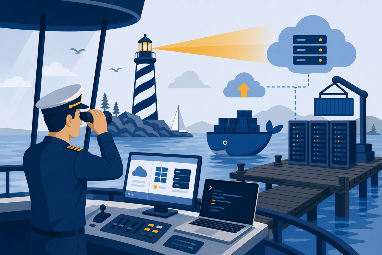 Administrator at a harbor control tower managing servers, tokens, and deployment options
