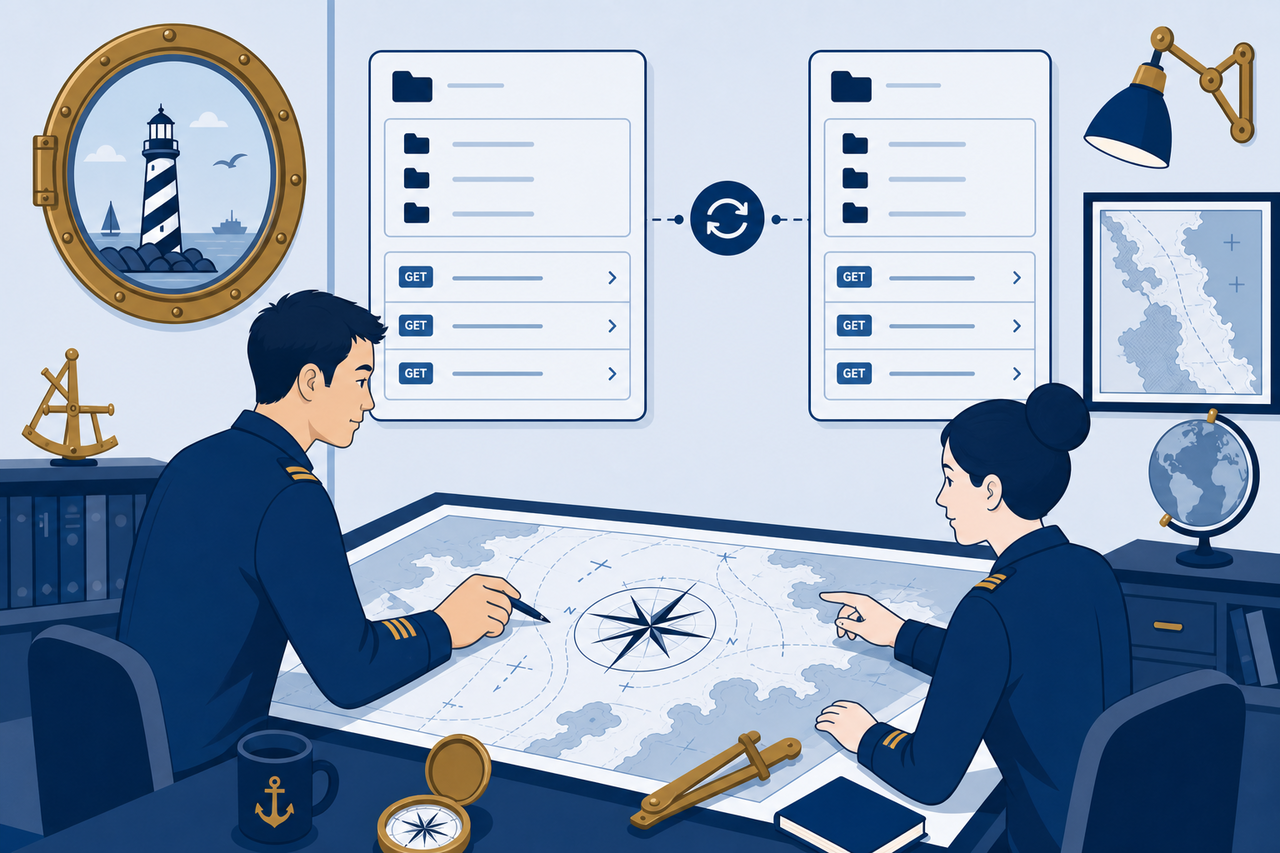 Two teammates reviewing a shared nautical chart table with synchronized API collection panels