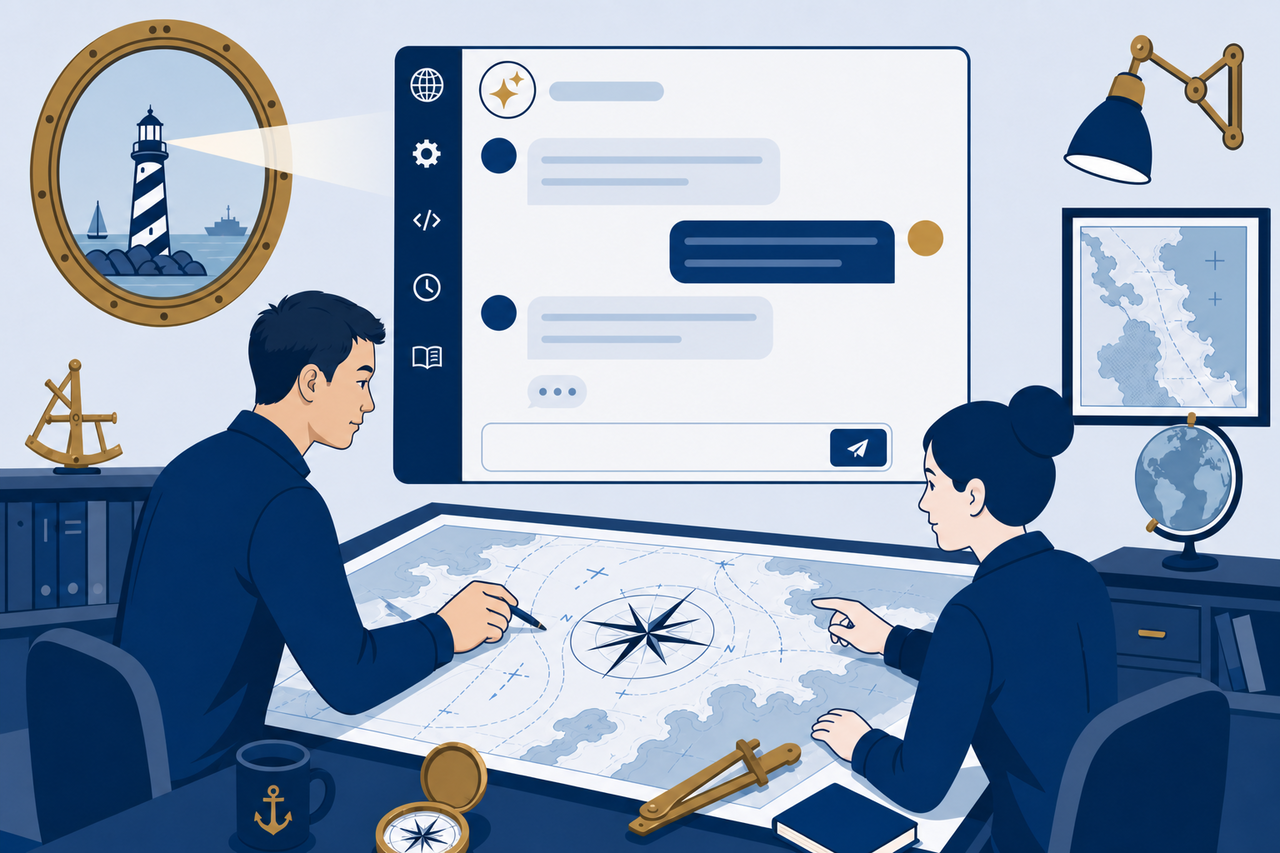 Team members at a harbor chart table with an AI assistant panel and lighthouse beacon overhead